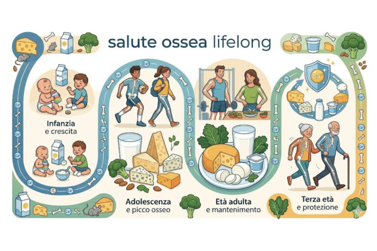 Illustrazione sulla salute delle ossa nelle diverse età della vita, con latte e formaggi